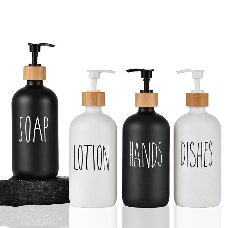 Glas 500ml Boston Handseifenpumpe schwarz und weiß Spaltflasche Holzkappe Seifenspender Shampooflasche - GYLDNE GRÆNSE Gourmet Online Shop
