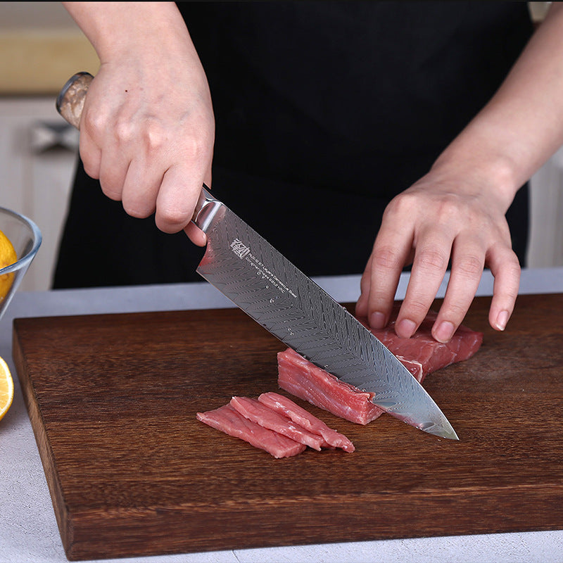 Damast 8 Zoll Schneidemesser Aus10 Kochmesser Fischgrätenmuster Kochmesser Schatten Holz Schneidemesser - GYLDNE GRÆNSE Gourmet Online Shop