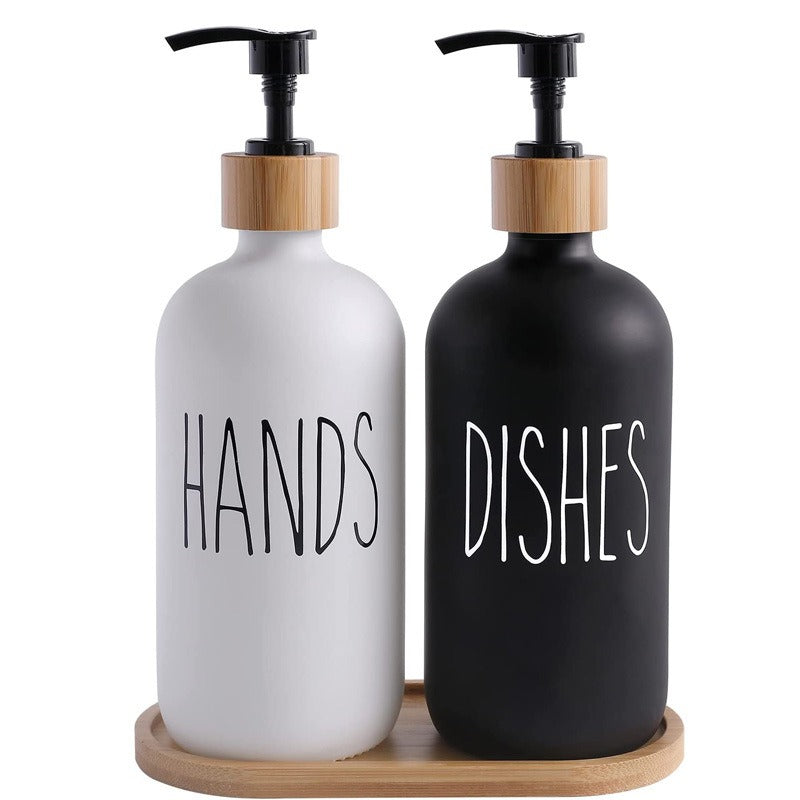 Glas 500ml Boston Handseifenpumpe schwarz und weiß Spaltflasche Holzkappe Seifenspender Shampooflasche - GYLDNE GRÆNSE Gourmet Online Shop