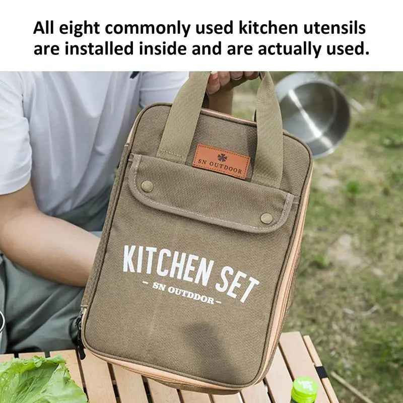 Camping Küchenset 8pcs Camping Outdoor Kochgeschirr Kit Edelstahl Camping Tool Reiseset und Utensil Organizer Aufbewahrungstasche - GYLDNE GRÆNSE Gourmet Online Shop