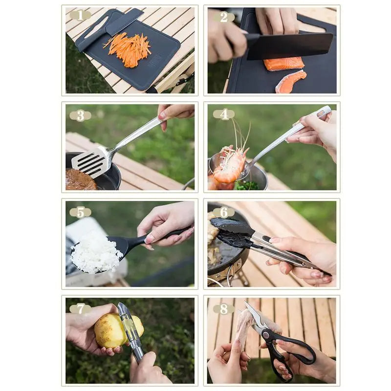 Camping Küchenset 8pcs Camping Outdoor Kochgeschirr Kit Edelstahl Camping Tool Reiseset und Utensil Organizer Aufbewahrungstasche - GYLDNE GRÆNSE Gourmet Online Shop