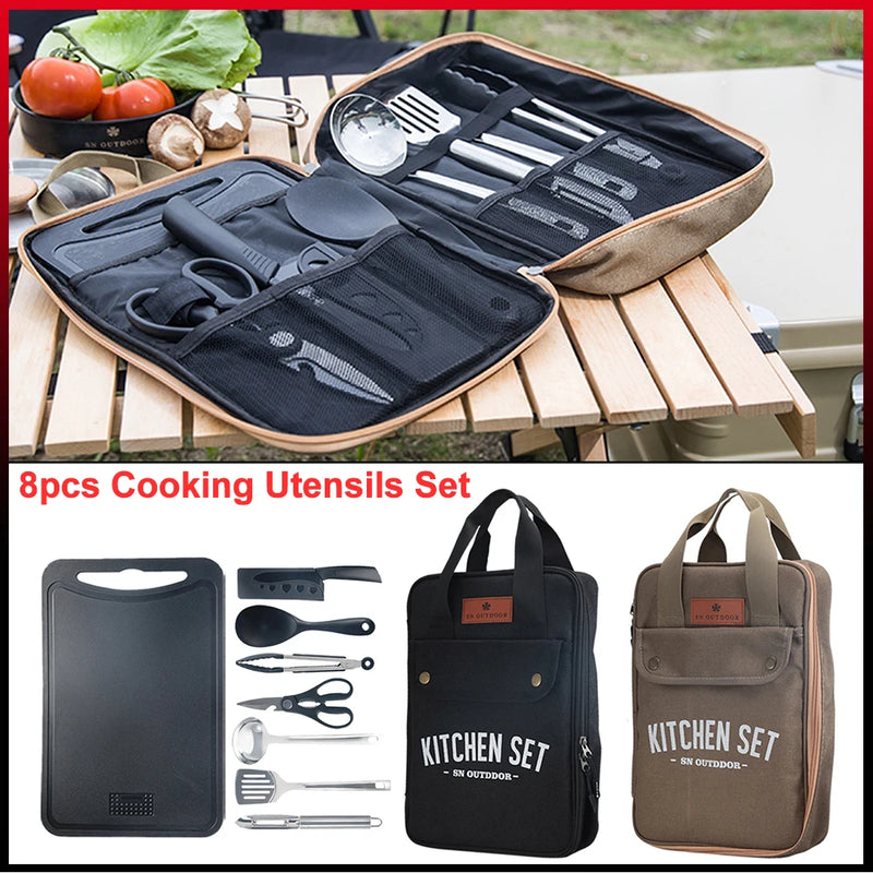 Camping Küchenset 8pcs Camping Outdoor Kochgeschirr Kit Edelstahl Camping Tool Reiseset und Utensil Organizer Aufbewahrungstasche - GYLDNE GRÆNSE Gourmet Online Shop