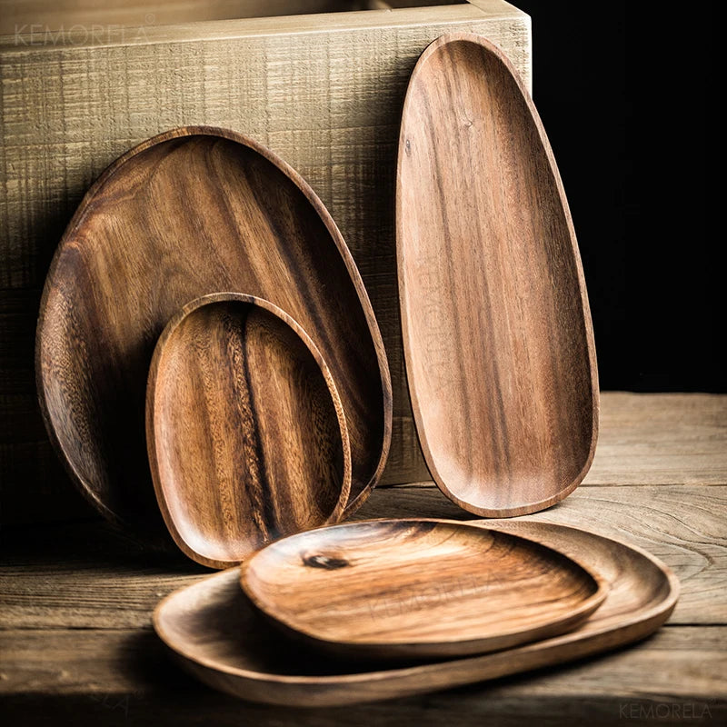Dinner Platte Teller Holz Wood Irregular Oval Wood Dinner Plate Tableware Set - GYLDNE GRÆNSE Gourmet Online Shop
