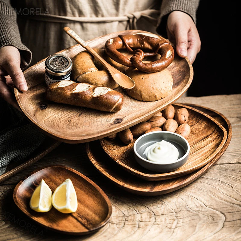 Dinner Platte Teller Holz Wood Irregular Oval Wood Dinner Plate Tableware Set - GYLDNE GRÆNSE Gourmet Online Shop
