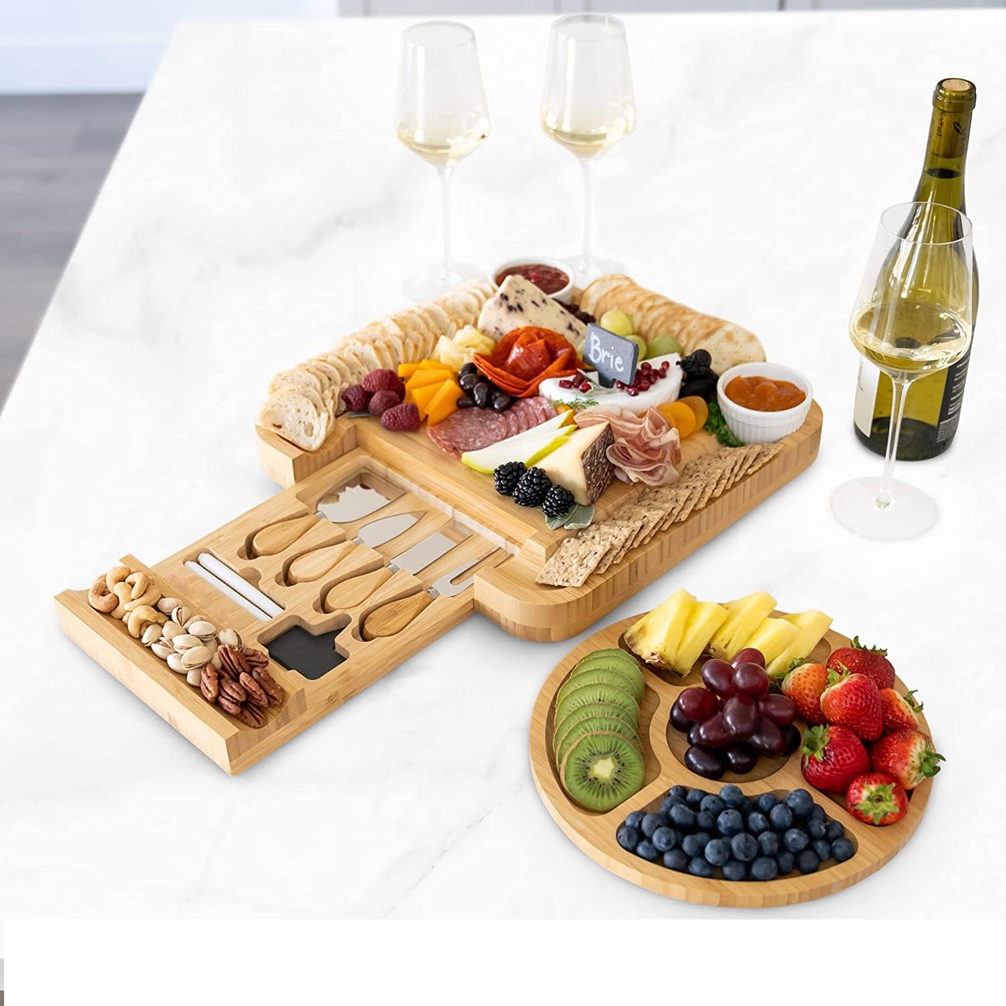 Bambus Käsebrett To Go Set Käse Schneidebrett Zuhause Obst Brot Schneidebrett mit Messer und Gabel Picknicktisch - GYLDNE GRÆNSE Gourmet Online Shop