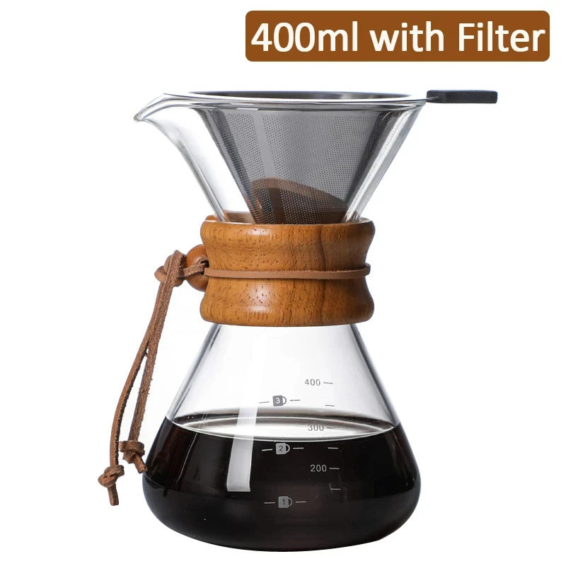 Hand Glas Kaffeekocher Kaffeemaschine 400ML 600ML 800ML 1L Edelstahl Filter Dripper Manuelle Kaffeemaschine Brüherkanne - GYLDNE GRÆNSE Gourmet Online Shop