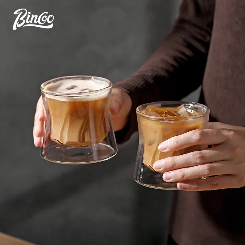 Bincoo-Double-Layer Latte Kaffeetasse mit Holz-Pads, Trinkgeschirr für Cocktailbar, Wassersaftbecher, hitzebeständige Tassen, Untersetzer 200ml - GYLDNE GRÆNSE Gourmet Online Shop