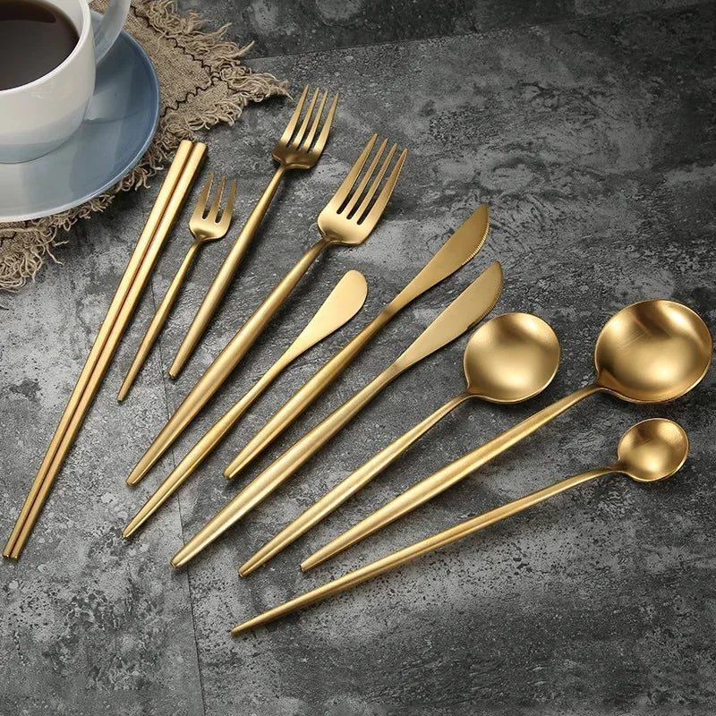 Mattgold 18/10 Edelstahl Luxus Besteck Geschirr Geschirr Messer Löffel Gabel Essstäbchen Besteck Set Spülmaschinenfest - GYLDNE GRÆNSE Gourmet Online Shop