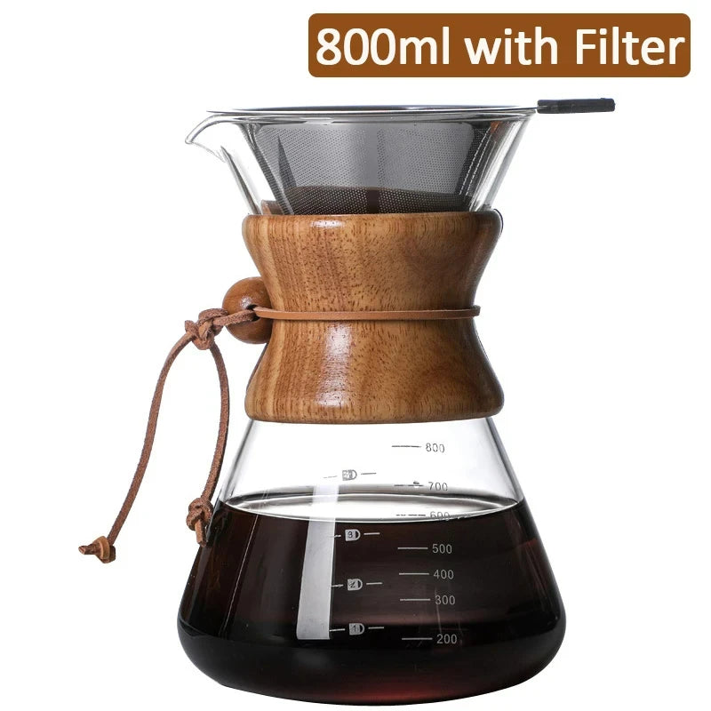 Hand Glas Kaffeekocher Kaffeemaschine 400ML 600ML 800ML 1L Edelstahl Filter Dripper Manuelle Kaffeemaschine Brüherkanne - GYLDNE GRÆNSE Gourmet Online Shop