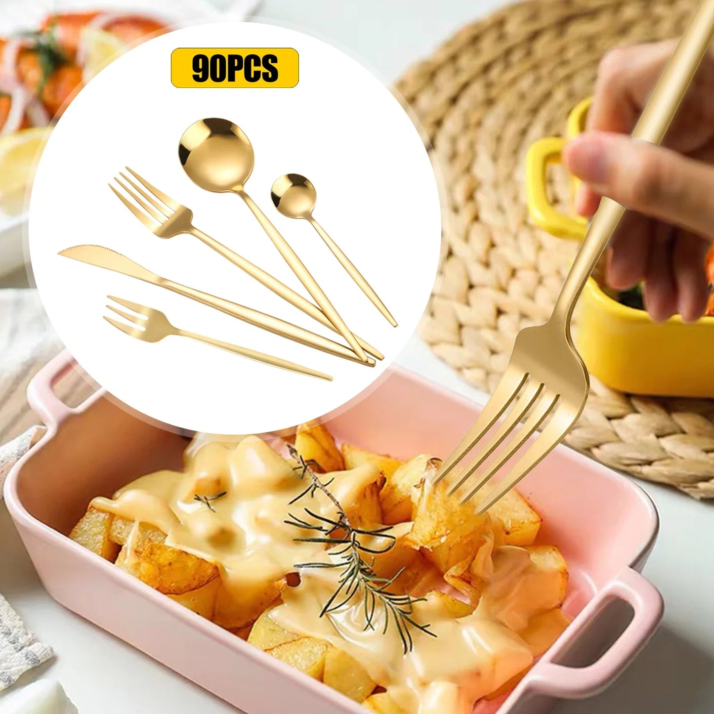 90Pcs Gold Besteck Set Edelstahl Besteck Utensilien Küche Geschirr Gabeln Messer Löffel Besteck für Home Restaurant - GYLDNE GRÆNSE Gourmet Online Shop
