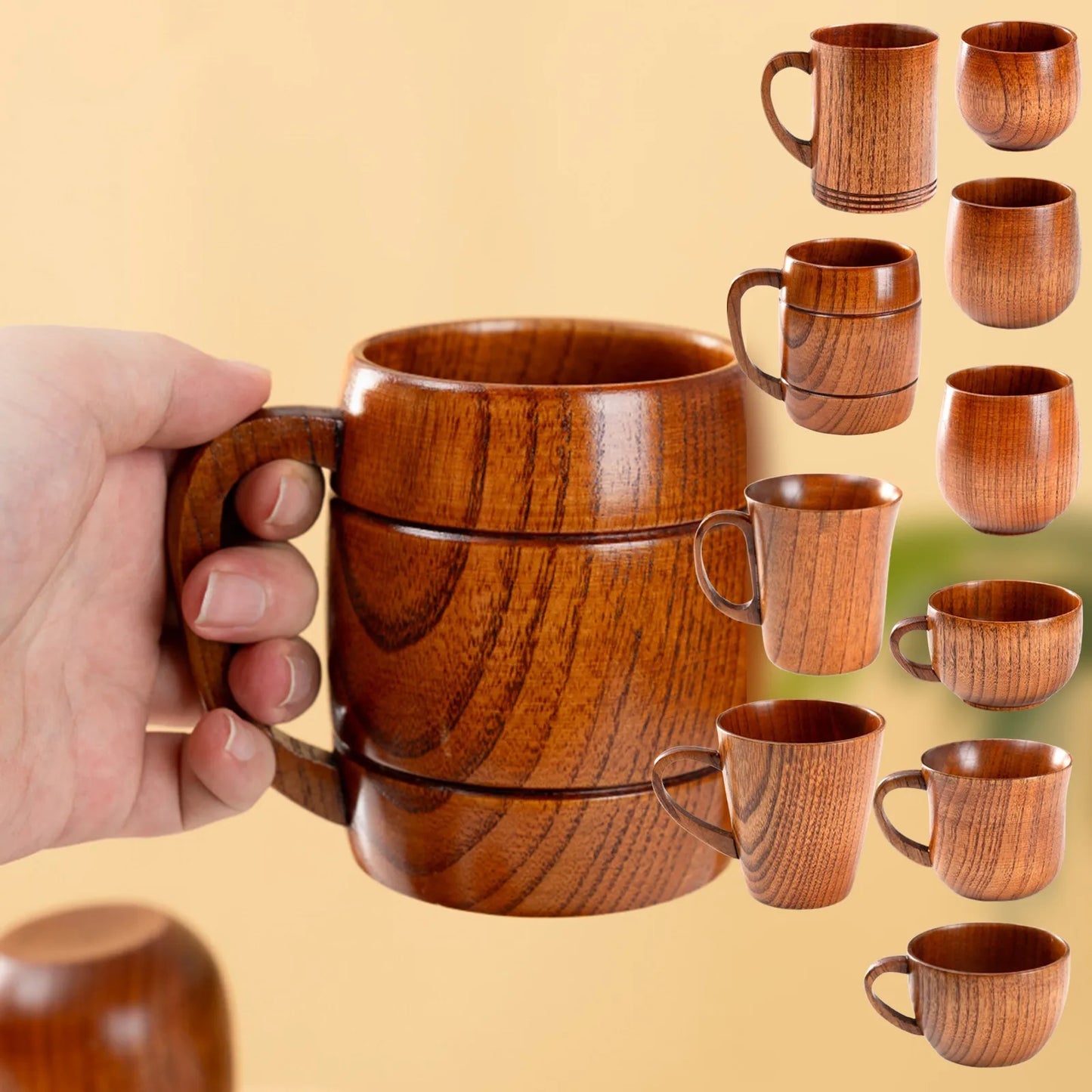 Hölzerne große Bauchtassen handgemachte Holztassen mit Griff Bier Teebecher Kaffee Milch Wassertasse Küche Bar Trinkgeschirr Geschenke - GYLDNE GRÆNSE Gourmet Online Shop