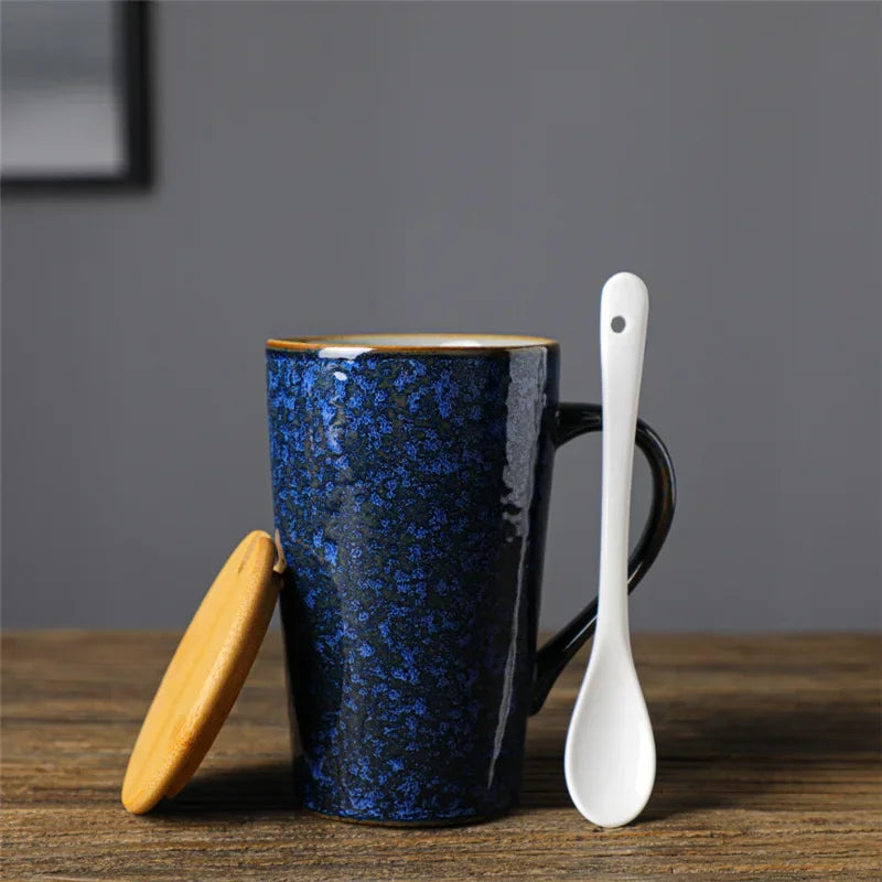 Keramik Kaffeebecher mit Löffel und Deckel, kreativ, japanischer Stil, Retro, Frühstück, Büro Tasse, Geschenk - GYLDNE GRÆNSE Gourmet Online Shop
