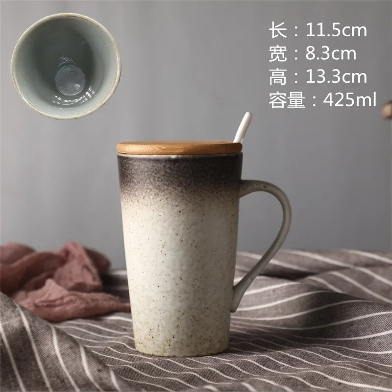 Keramik Kaffeebecher mit Löffel und Deckel, kreativ, japanischer Stil, Retro, Frühstück, Büro Tasse, Geschenk - GYLDNE GRÆNSE Gourmet Online Shop