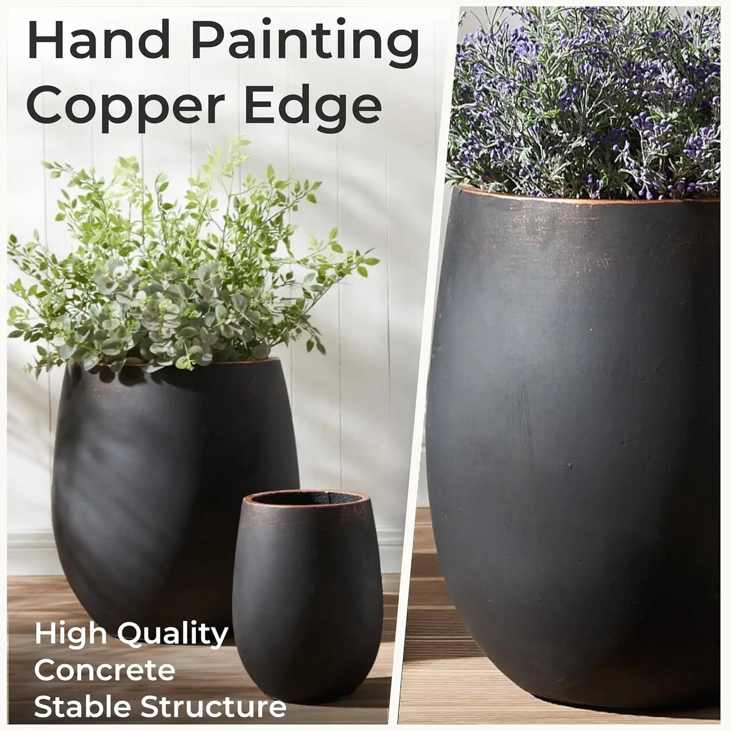 Runde Beton Pflanzgefäß Set mit 3 großen Outdoor-Pflanzgefäßen, schwarz mit goldenem Rand Blumentöpfe mit Abflusslöchern Vase Outdoor - GYLDNE GRÆNSE Gourmet Online Shop
