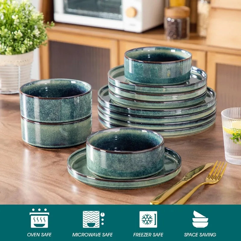 Sternenteller und Schüsseln Sets, 12 Stück grüne Geschirrsets für die Küche, modernes Steinzeuggeschirr Set für 4 - GYLDNE GRÆNSE Gourmet Online Shop