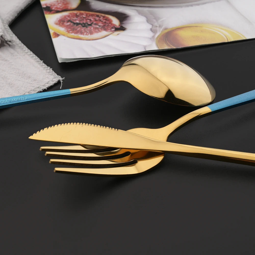 16Pcs Geschirr Set Edelstahl Geschirr Spiegel Abendessen Schwarzes Besteck Set Messer Obst Gabel Löffel Besteck Küchenset - GYLDNE GRÆNSE Gourmet Online Shop