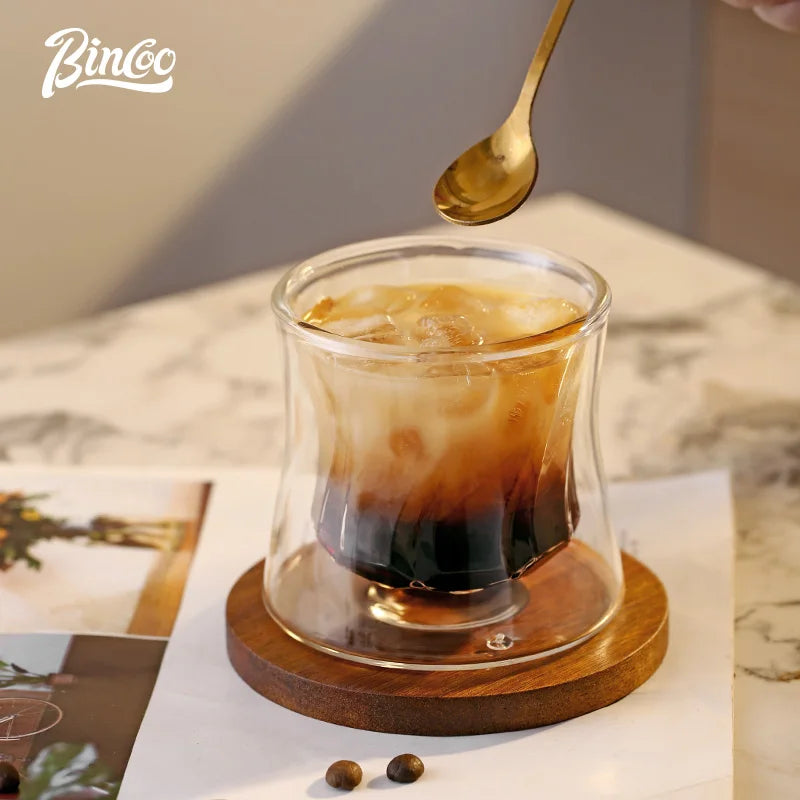 Bincoo-Double-Layer Latte Kaffeetasse mit Holz-Pads, Trinkgeschirr für Cocktailbar, Wassersaftbecher, hitzebeständige Tassen, Untersetzer 200ml - GYLDNE GRÆNSE Gourmet Online Shop