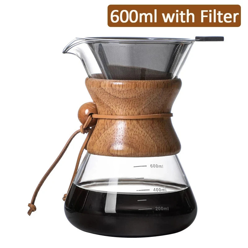 Hand Glas Kaffeekocher Kaffeemaschine 400ML 600ML 800ML 1L Edelstahl Filter Dripper Manuelle Kaffeemaschine Brüherkanne - GYLDNE GRÆNSE Gourmet Online Shop