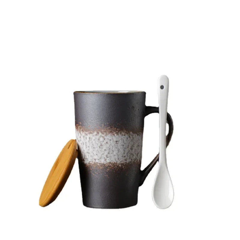 Keramik Kaffeebecher mit Löffel und Deckel, kreativ, japanischer Stil, Retro, Frühstück, Büro Tasse, Geschenk - GYLDNE GRÆNSE Gourmet Online Shop