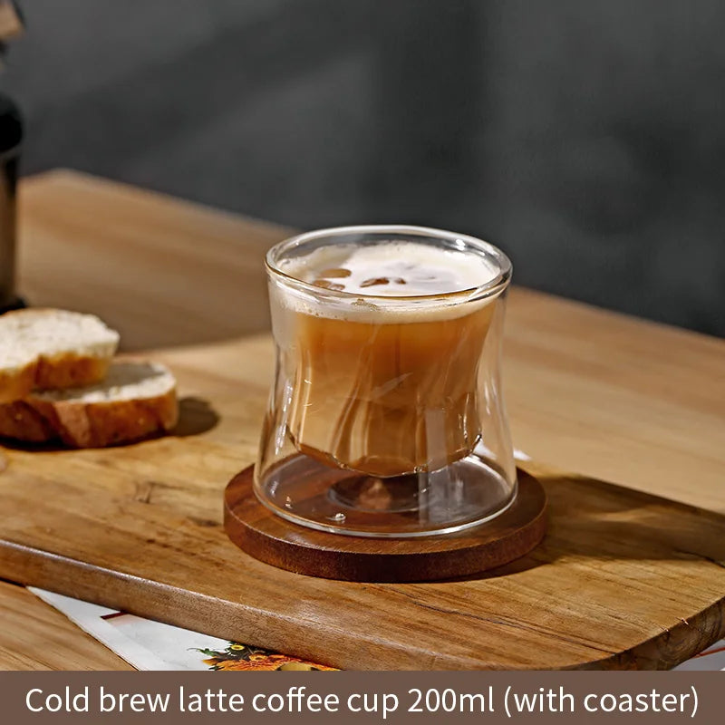 Bincoo-Double-Layer Latte Kaffeetasse mit Holz-Pads, Trinkgeschirr für Cocktailbar, Wassersaftbecher, hitzebeständige Tassen, Untersetzer 200ml - GYLDNE GRÆNSE Gourmet Online Shop