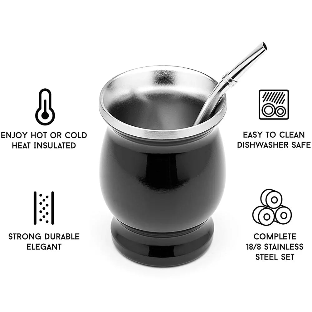 8oz Yerba Mate Cup 304 Edelstahl doppelwandiger argentinischer Yerba Mate Kürbis mit Bombillas und Reinigungsbürste - GYLDNE GRÆNSE Gourmet Online Shop