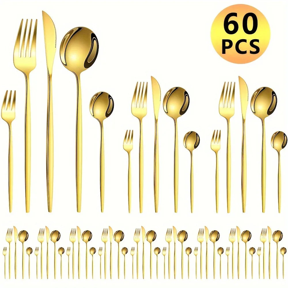 60-teiliges Edelstahl-Besteck-Set, hochglanzpoliert, spülmaschinenfest, enthält Messer, Gabeln und Löffel in Geschenkbox, Gold - GYLDNE GRÆNSE Gourmet Online Shop