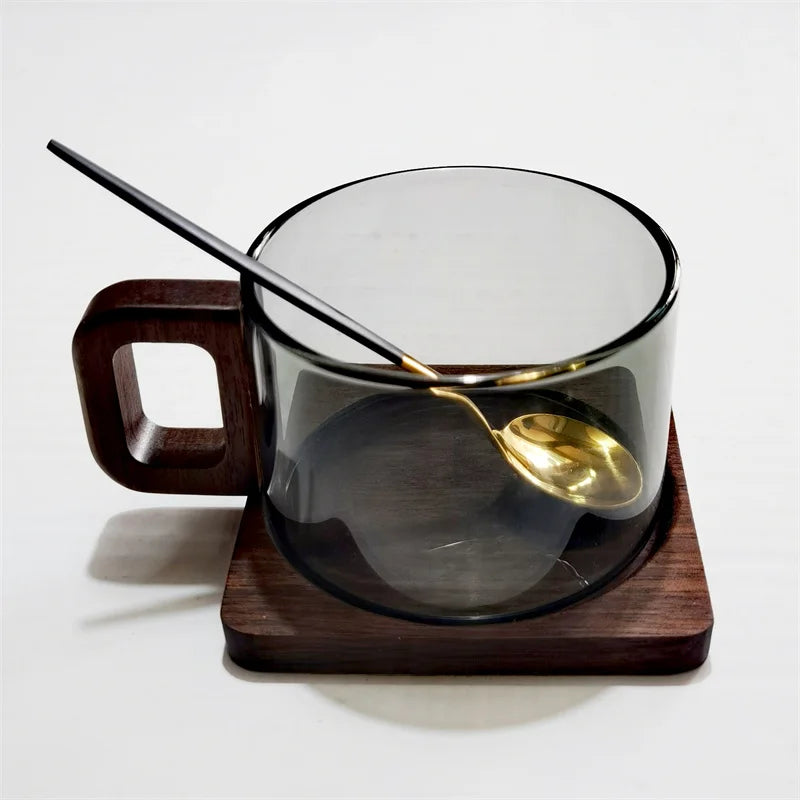 200 ml frisch gemahlene gerade Glas-Kaffeetasse mit Holztablettlöffel hitzebeständige Frühstücksmilch-Teetasse Amerikanische Kaffeetasse - GYLDNE GRÆNSE Gourmet Online Shop