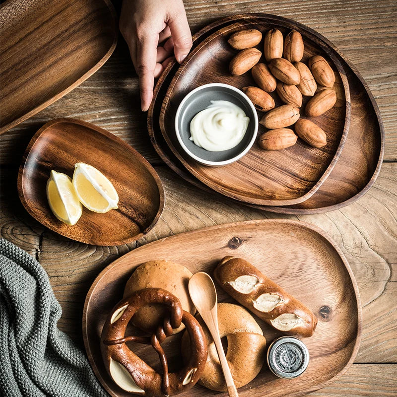 Dinner Platte Teller Holz Wood Irregular Oval Wood Dinner Plate Tableware Set - GYLDNE GRÆNSE Gourmet Online Shop