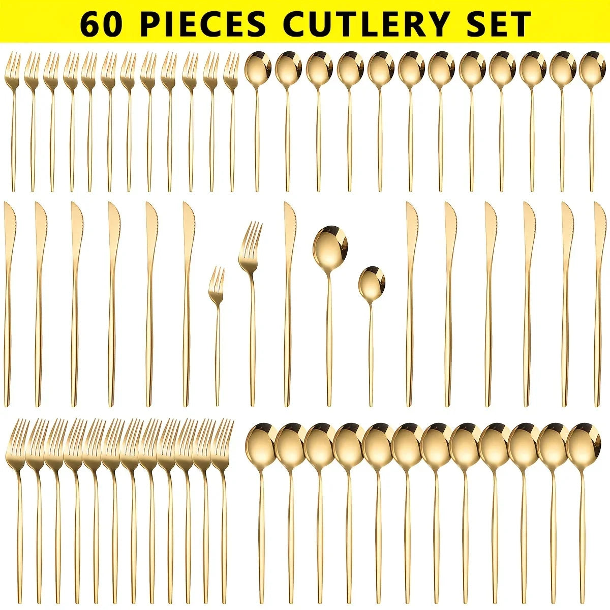 60-teiliges Edelstahl-Besteck-Set, hochglanzpoliert, spülmaschinenfest, enthält Messer, Gabeln und Löffel in Geschenkbox, Gold - GYLDNE GRÆNSE Gourmet Online Shop