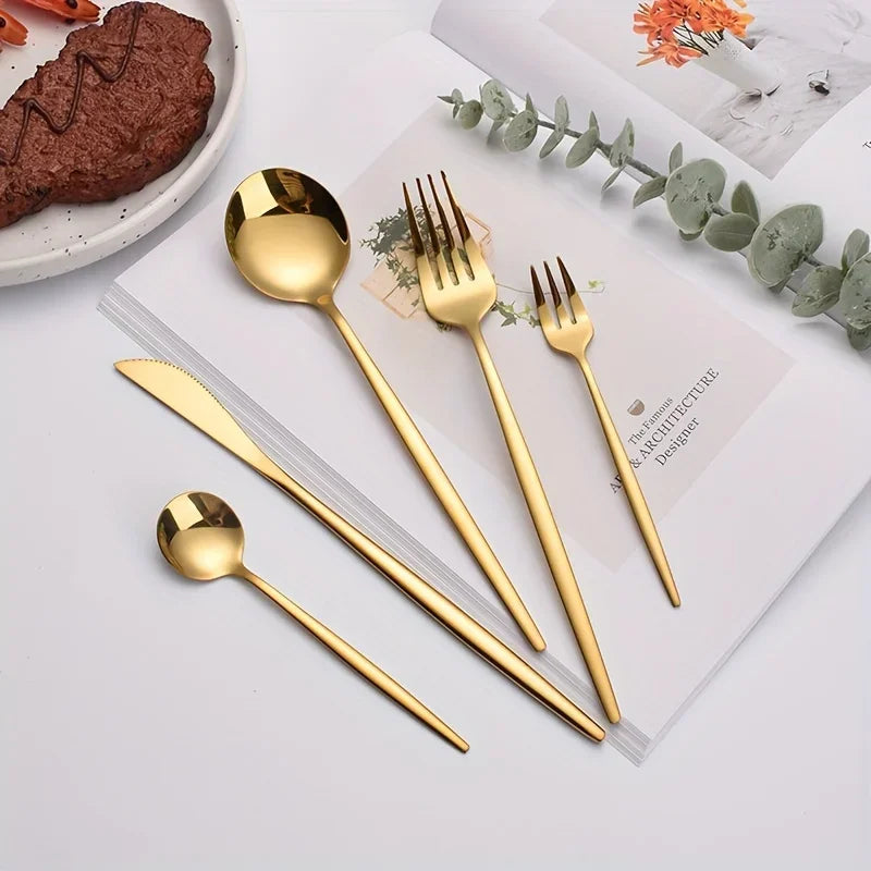 60-teiliges Edelstahl-Besteck-Set, hochglanzpoliert, spülmaschinenfest, enthält Messer, Gabeln und Löffel in Geschenkbox, Gold - GYLDNE GRÆNSE Gourmet Online Shop