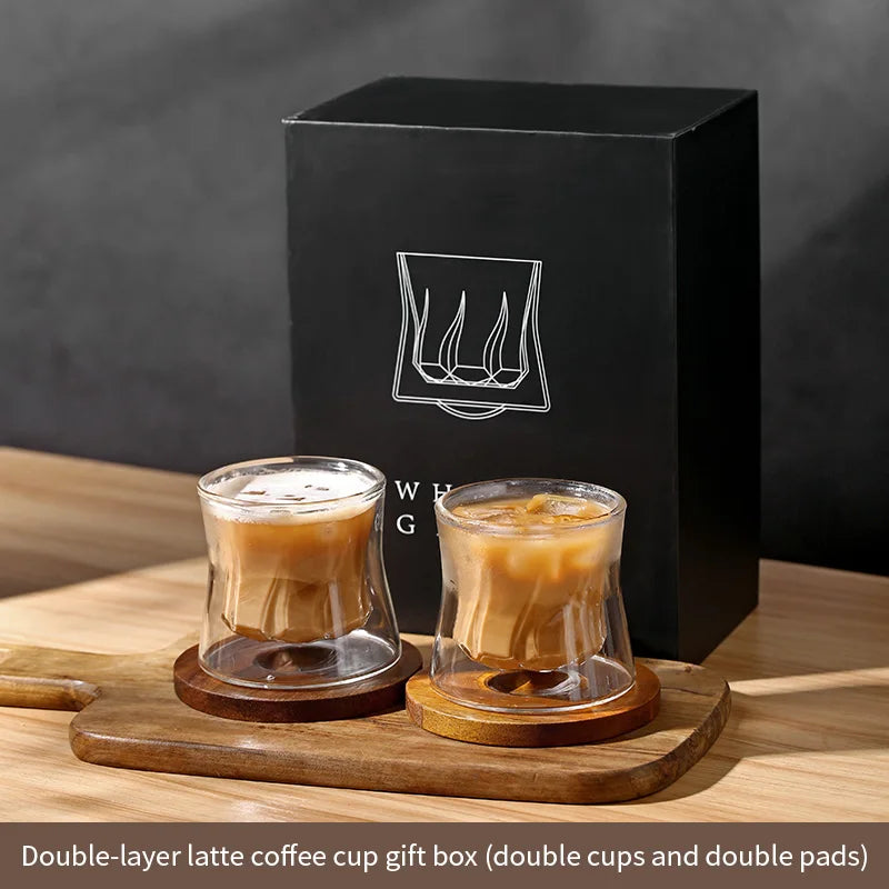 Bincoo-Double-Layer Latte Kaffeetasse mit Holz-Pads, Trinkgeschirr für Cocktailbar, Wassersaftbecher, hitzebeständige Tassen, Untersetzer 200ml - GYLDNE GRÆNSE Gourmet Online Shop
