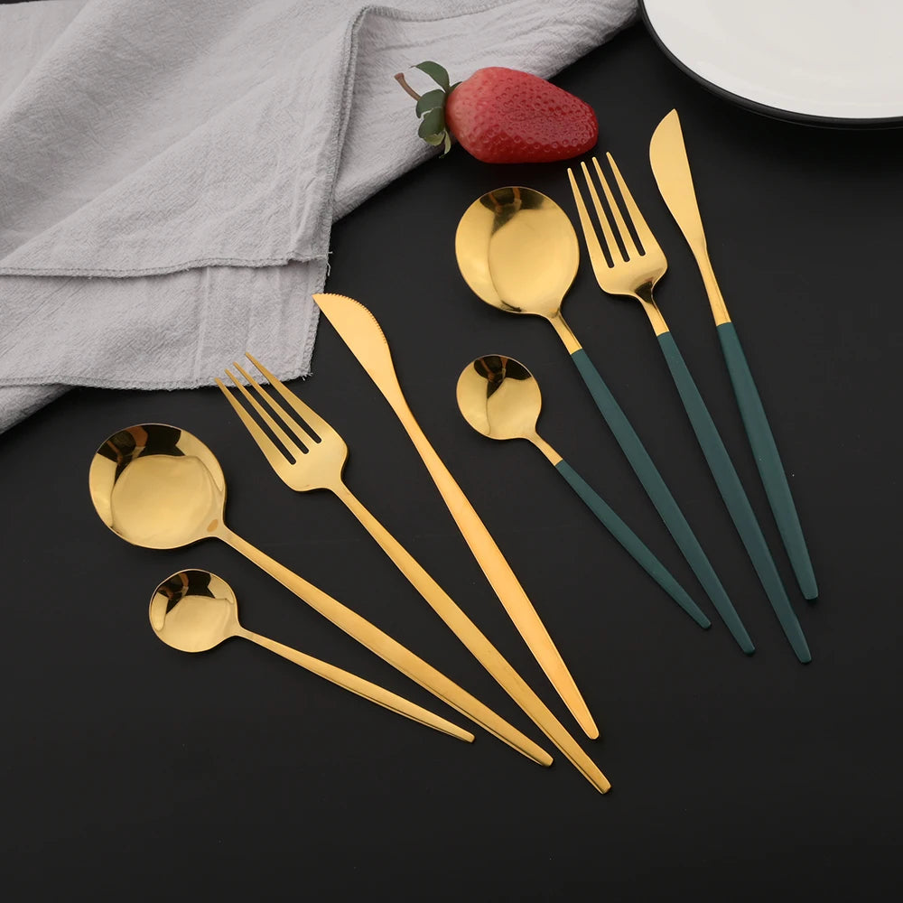 16Pcs Geschirr Set Edelstahl Geschirr Spiegel Abendessen Schwarzes Besteck Set Messer Obst Gabel Löffel Besteck Küchenset - GYLDNE GRÆNSE Gourmet Online Shop