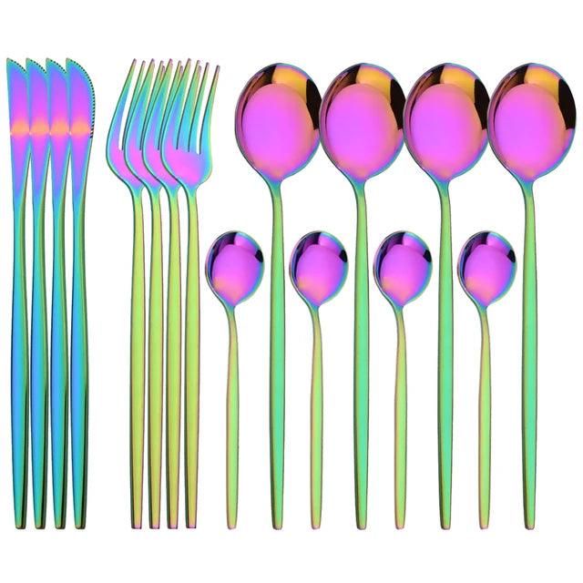16Pcs Geschirr Set Edelstahl Geschirr Spiegel Abendessen Schwarzes Besteck Set Messer Obst Gabel Löffel Besteck Küchenset - GYLDNE GRÆNSE Gourmet Online Shop