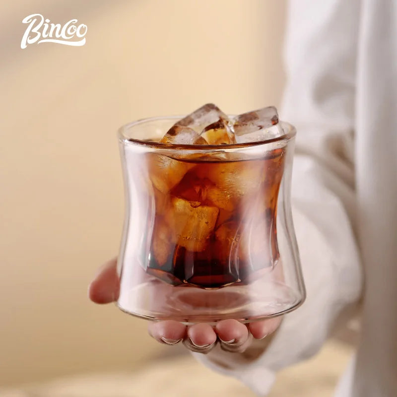 Bincoo-Double-Layer Latte Kaffeetasse mit Holz-Pads, Trinkgeschirr für Cocktailbar, Wassersaftbecher, hitzebeständige Tassen, Untersetzer 200ml - GYLDNE GRÆNSE Gourmet Online Shop