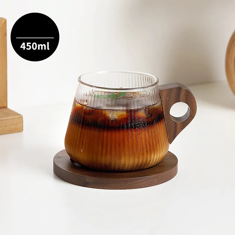280/450ml Vertikales Muster Holzgriff Kaffeetasse Vintage Japanische Glastasse Italienische Latte Tasse Hohe Schönheit Wassertasse - GYLDNE GRÆNSE Gourmet Online Shop