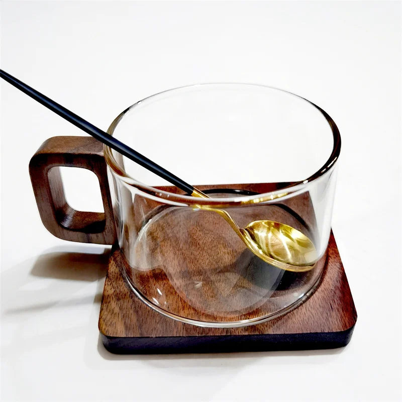 200 ml frisch gemahlene gerade Glas-Kaffeetasse mit Holztablettlöffel hitzebeständige Frühstücksmilch-Teetasse Amerikanische Kaffeetasse - GYLDNE GRÆNSE Gourmet Online Shop