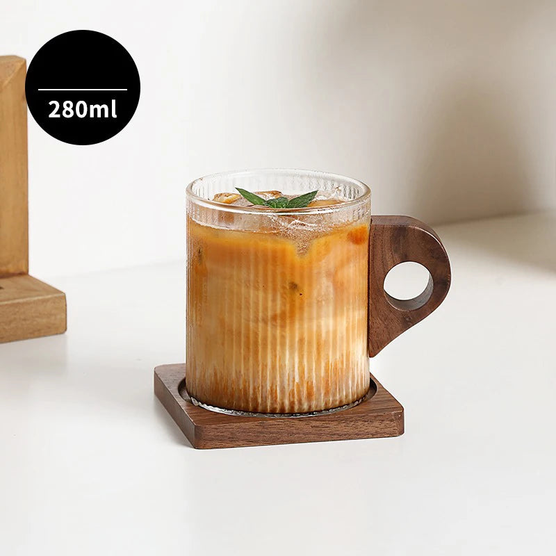 280/450ml Vertikales Muster Holzgriff Kaffeetasse Vintage Japanische Glastasse Italienische Latte Tasse Hohe Schönheit Wassertasse - GYLDNE GRÆNSE Gourmet Online Shop