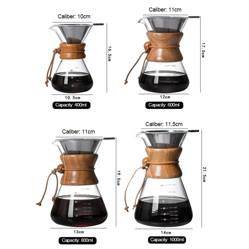 Hand Glas Kaffeekocher Kaffeemaschine 400ML 600ML 800ML 1L Edelstahl Filter Dripper Manuelle Kaffeemaschine Brüherkanne - GYLDNE GRÆNSE Gourmet Online Shop
