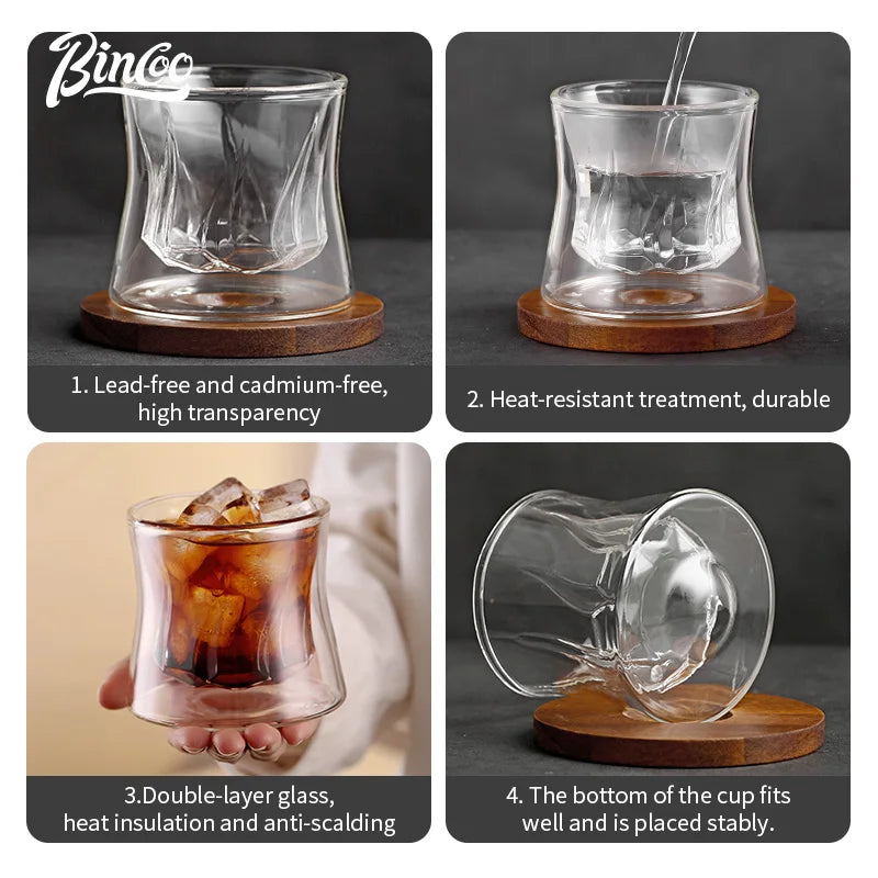 Bincoo-Double-Layer Latte Kaffeetasse mit Holz-Pads, Trinkgeschirr für Cocktailbar, Wassersaftbecher, hitzebeständige Tassen, Untersetzer 200ml - GYLDNE GRÆNSE Gourmet Online Shop