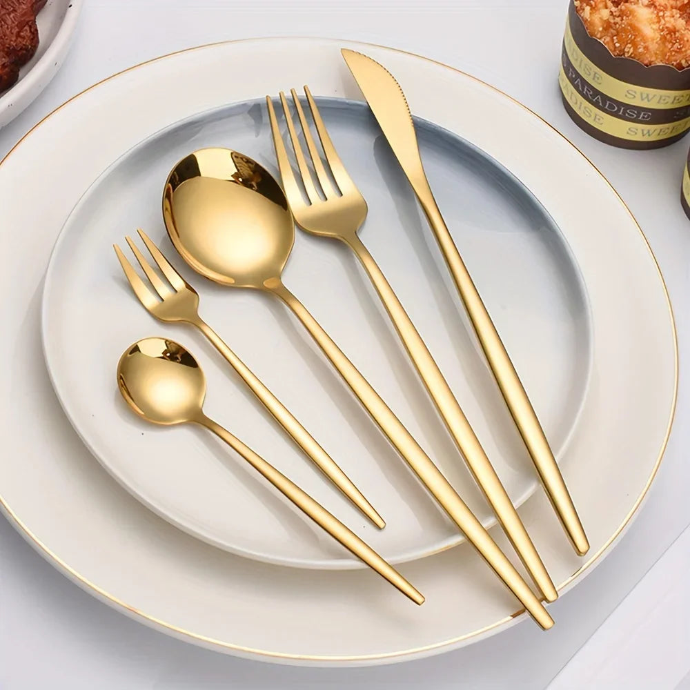 60-teiliges Edelstahl-Besteck-Set, hochglanzpoliert, spülmaschinenfest, enthält Messer, Gabeln und Löffel in Geschenkbox, Gold - GYLDNE GRÆNSE Gourmet Online Shop