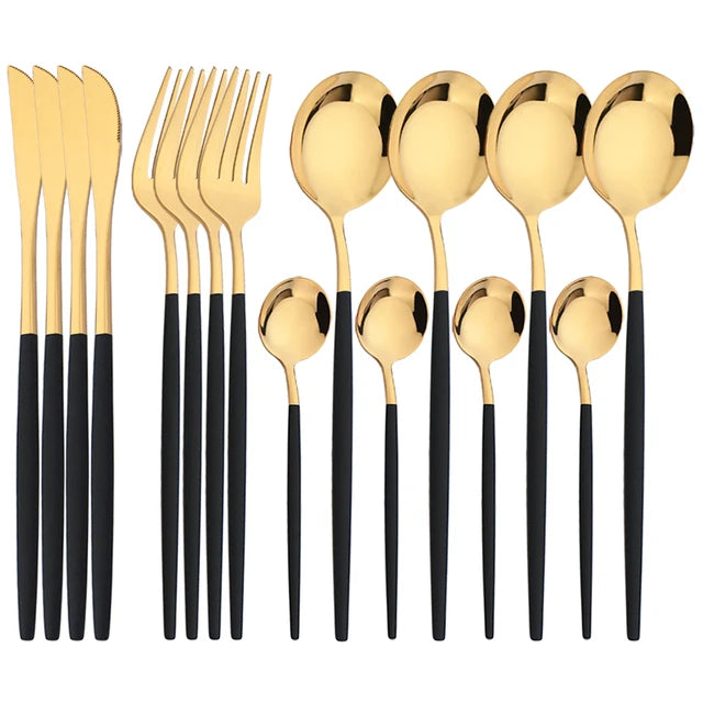 16Pcs Geschirr Set Edelstahl Geschirr Spiegel Abendessen Schwarzes Besteck Set Messer Obst Gabel Löffel Besteck Küchenset - GYLDNE GRÆNSE Gourmet Online Shop