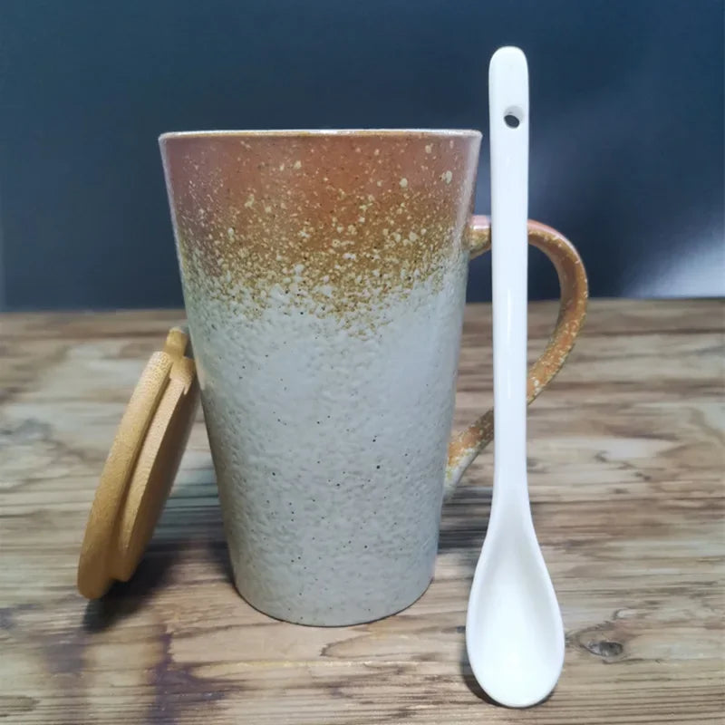 Keramik Kaffeebecher mit Löffel und Deckel, kreativ, japanischer Stil, Retro, Frühstück, Büro Tasse, Geschenk - GYLDNE GRÆNSE Gourmet Online Shop