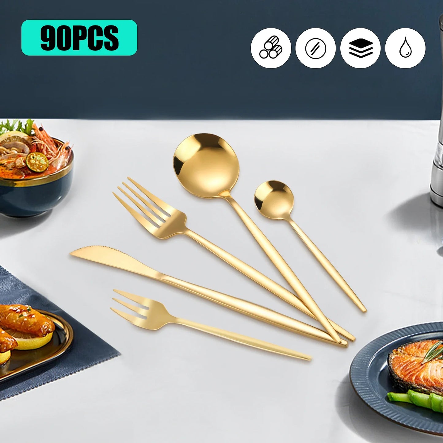 90Pcs Gold Besteck Set Edelstahl Besteck Utensilien Küche Geschirr Gabeln Messer Löffel Besteck für Home Restaurant - GYLDNE GRÆNSE Gourmet Online Shop