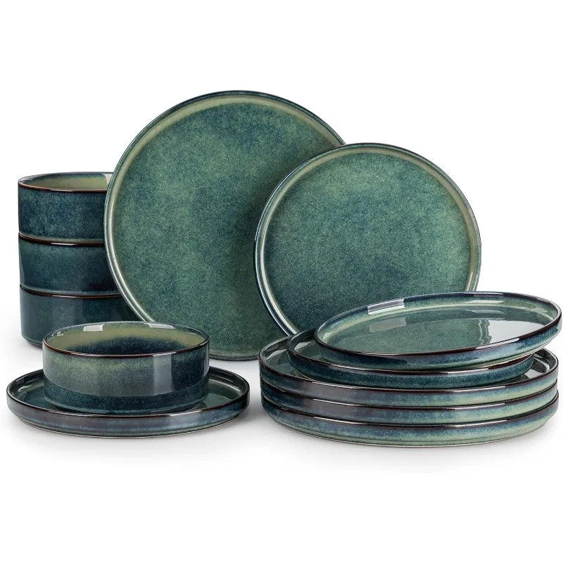 Sternenteller und Schüsseln Sets, 12 Stück grüne Geschirrsets für die Küche, modernes Steinzeuggeschirr Set für 4 - GYLDNE GRÆNSE Gourmet Online Shop
