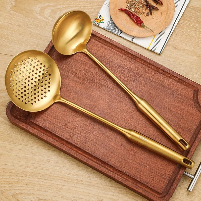 Stainless Steel Gold Suppenlöffel Pfannenwender Noodle Colander Hot Pot Spoon Rice Spoon Kitchen Cooking Frying Tool - GYLDNE GRÆNSE Gourmet Online Shop
