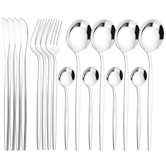 16Pcs Geschirr Set Edelstahl Geschirr Spiegel Abendessen Schwarzes Besteck Set Messer Obst Gabel Löffel Besteck Küchenset - GYLDNE GRÆNSE Gourmet Online Shop
