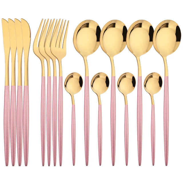 16Pcs Geschirr Set Edelstahl Geschirr Spiegel Abendessen Schwarzes Besteck Set Messer Obst Gabel Löffel Besteck Küchenset - GYLDNE GRÆNSE Gourmet Online Shop