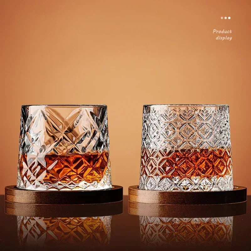 Retro Rotating Whisky Glass Cup with Bamboo Coaster Spinning Top Stress Relief Wine Enjoyable Cups Home Bar Drinking Utensils - GYLDNE GRÆNSE Gourmet Online Shop