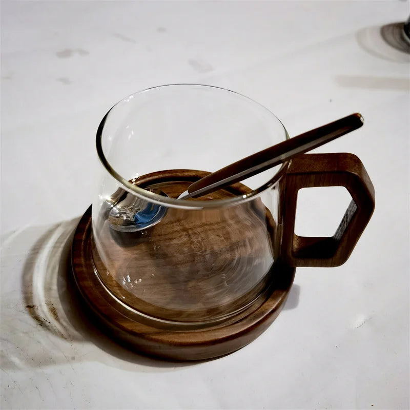 320 ml American Latte Hitzebeständige Kaffeetasse aus Glas mit Holztablett Löffel Milch Teetasse Frisch gemahlene Tasse Barista Cafe Zugang - GYLDNE GRÆNSE Gourmet Online Shop