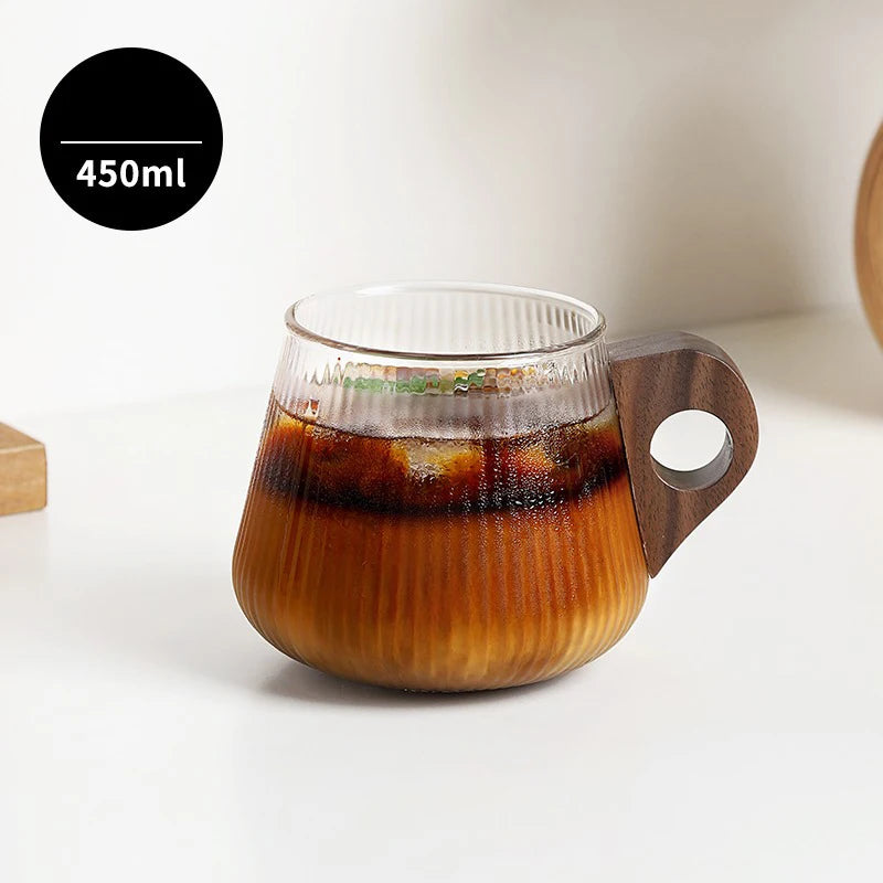 280/450ml Vertikales Muster Holzgriff Kaffeetasse Vintage Japanische Glastasse Italienische Latte Tasse Hohe Schönheit Wassertasse - GYLDNE GRÆNSE Gourmet Online Shop